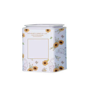 cat and sunflower themed tea tin