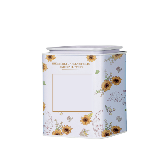 cat and sunflower themed tea tin